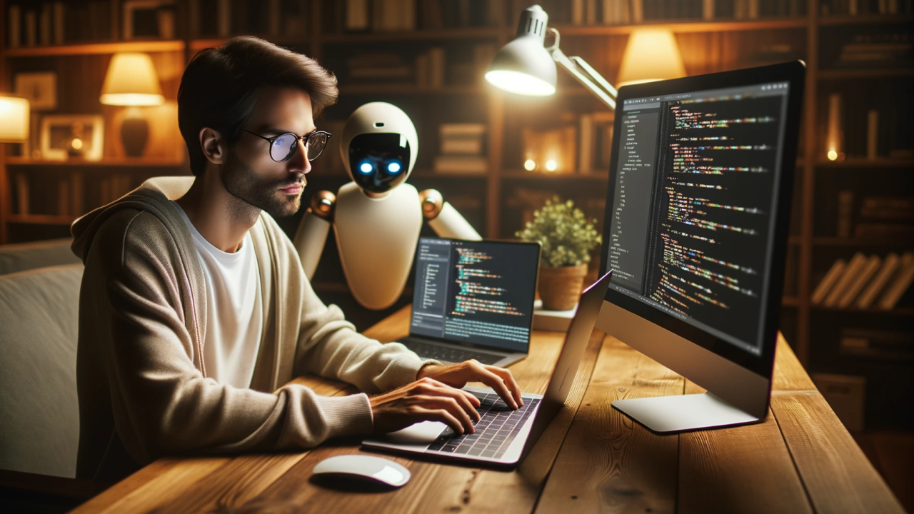 un codeur assisté par un droïde qui ressemble à Eve